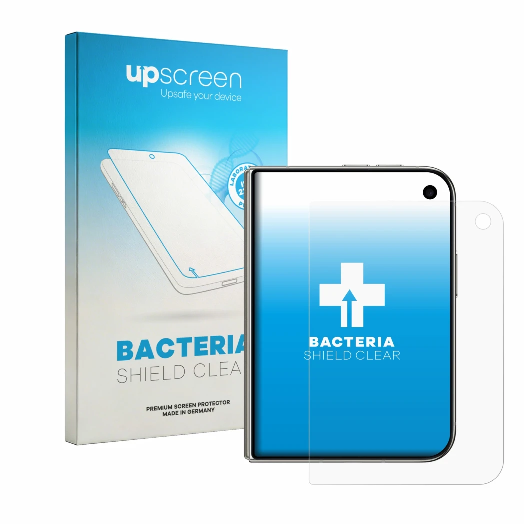 Face avant d’un emballage produit avec le logo de la marque upscreen. À côté, l’appareil Apple iPhone Duo est représenté avec