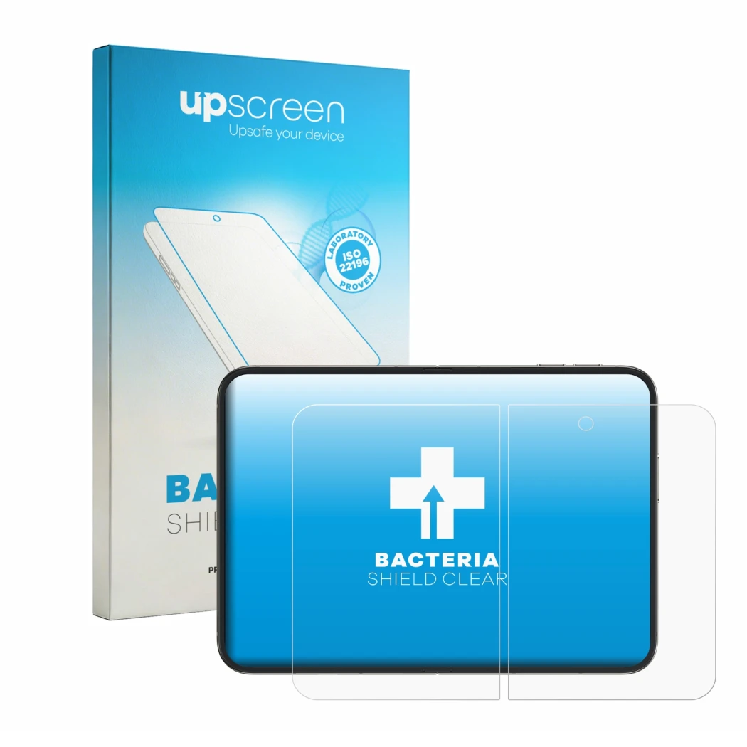Face avant d’un emballage produit avec le logo de la marque upscreen. À côté, l’appareil Apple iPhone Duo (Affichage interne)