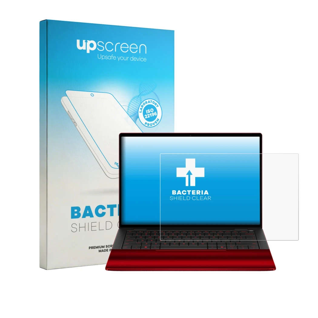 Face avant d’un emballage produit avec le logo de la marque upscreen. À côté, l’appareil HP Scuderia Ferrari Notebook est repr