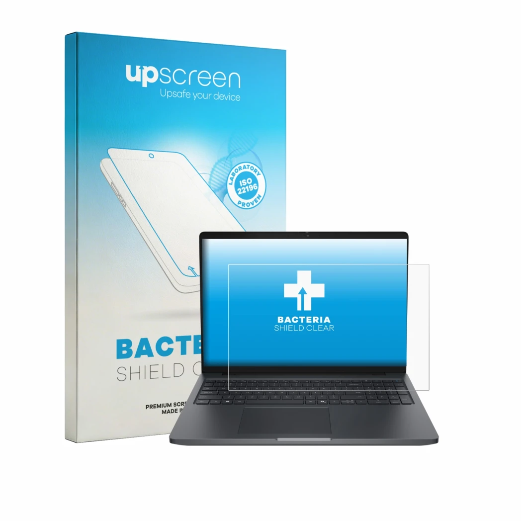 Face avant d’un emballage produit avec le logo de la marque upscreen. À côté, l’appareil Dell Pro Precision 5-Serie 16 est rep