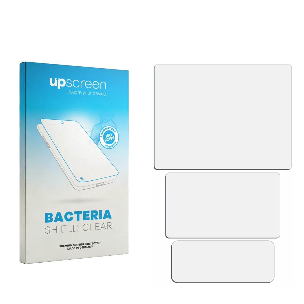 Face avant d’un emballage produit avec le logo de la marque upscreen. À côté se trouve la protection d’écran correspondante.