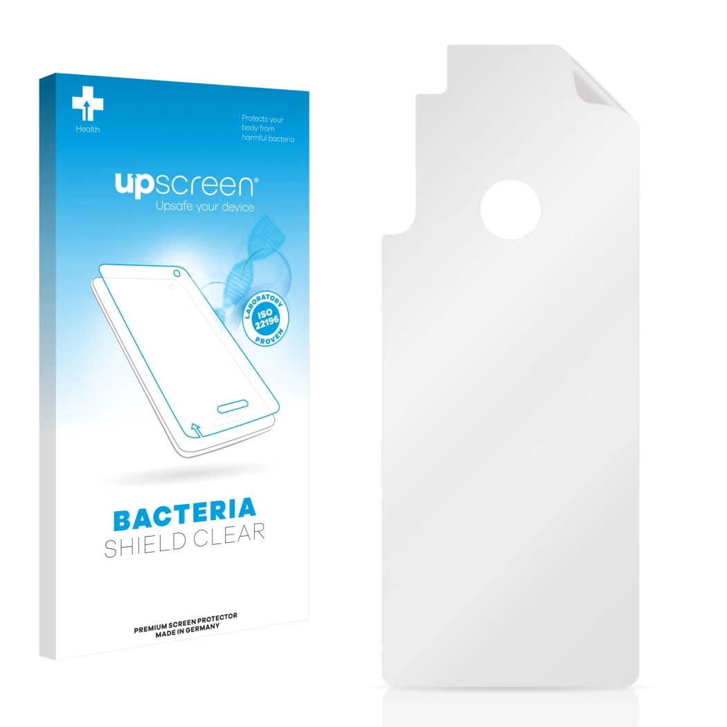 Face avant d’un emballage produit avec le logo de la marque upscreen. À côté se trouve la protection d’écran correspondante.