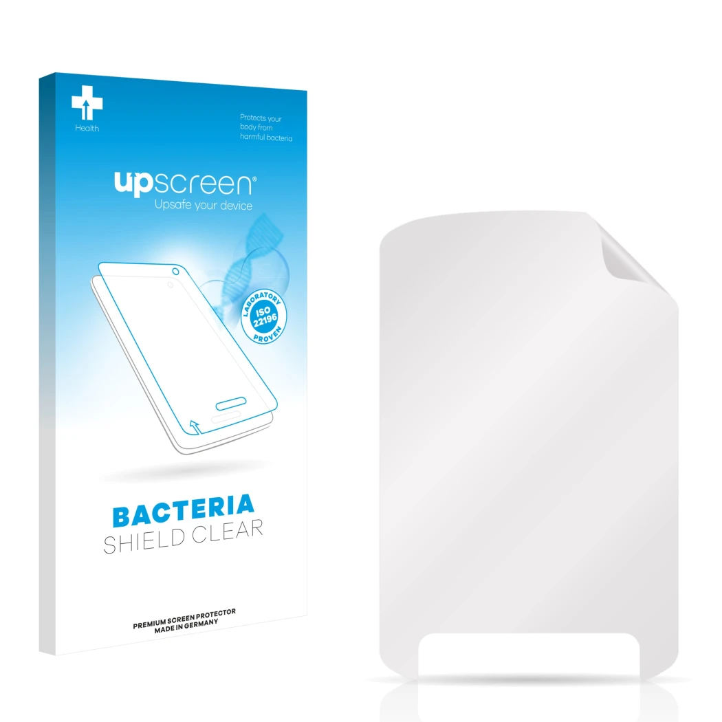 Face avant d’un emballage produit avec le logo de la marque upscreen. À côté se trouve la protection d’écran correspondante.