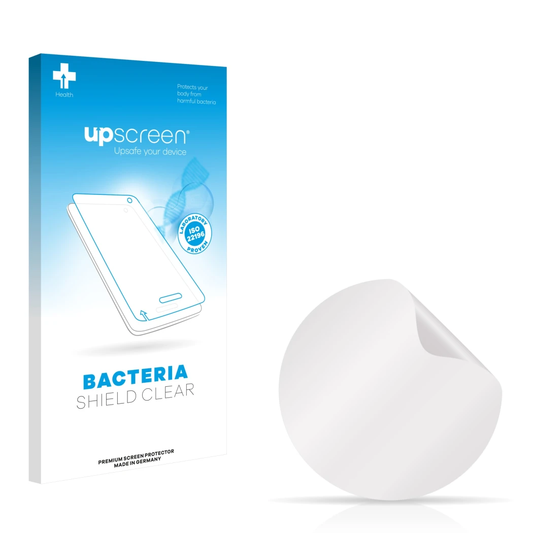 Face avant d’un emballage produit avec le logo de la marque upscreen. À côté se trouve la protection d’écran correspondante.