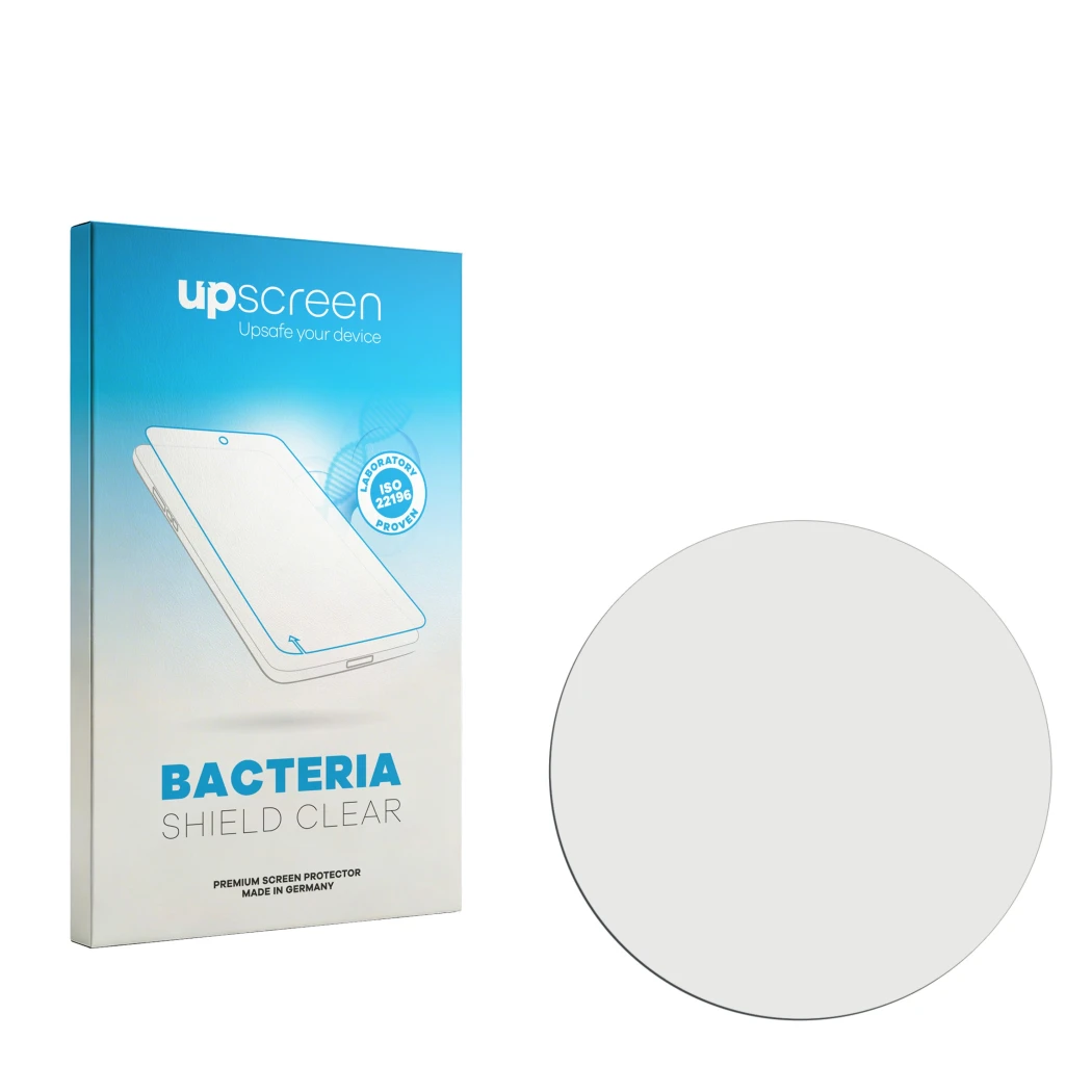 Face avant d’un emballage produit avec le logo de la marque upscreen. À côté se trouve la protection d’écran correspondante.