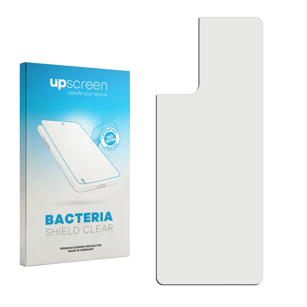 Face avant d’un emballage produit avec le logo de la marque upscreen. À côté se trouve la protection d’écran correspondante.