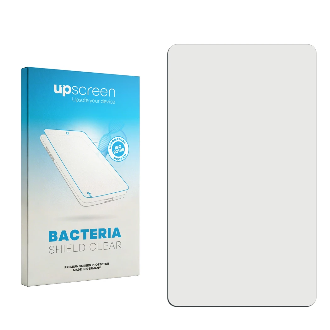 Face avant d’un emballage produit avec le logo de la marque upscreen. À côté se trouve la protection d’écran correspondante.
