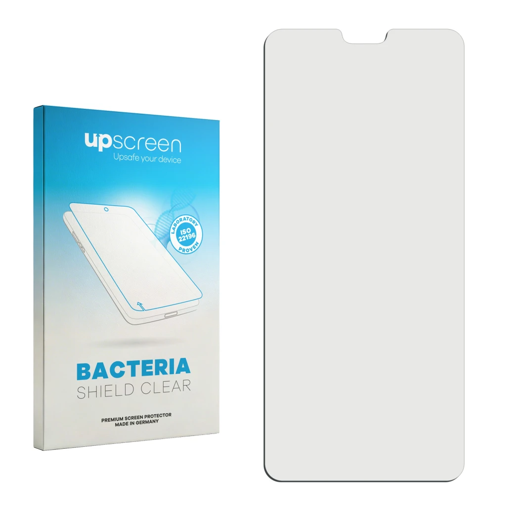 Face avant d’un emballage produit avec le logo de la marque upscreen. À côté se trouve la protection d’écran correspondante.