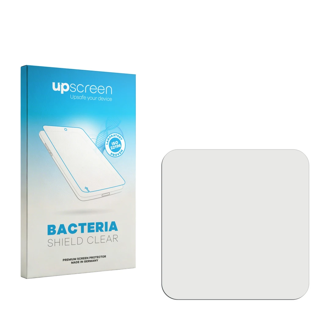 Face avant d’un emballage produit avec le logo de la marque upscreen. À côté se trouve la protection d’écran correspondante.
