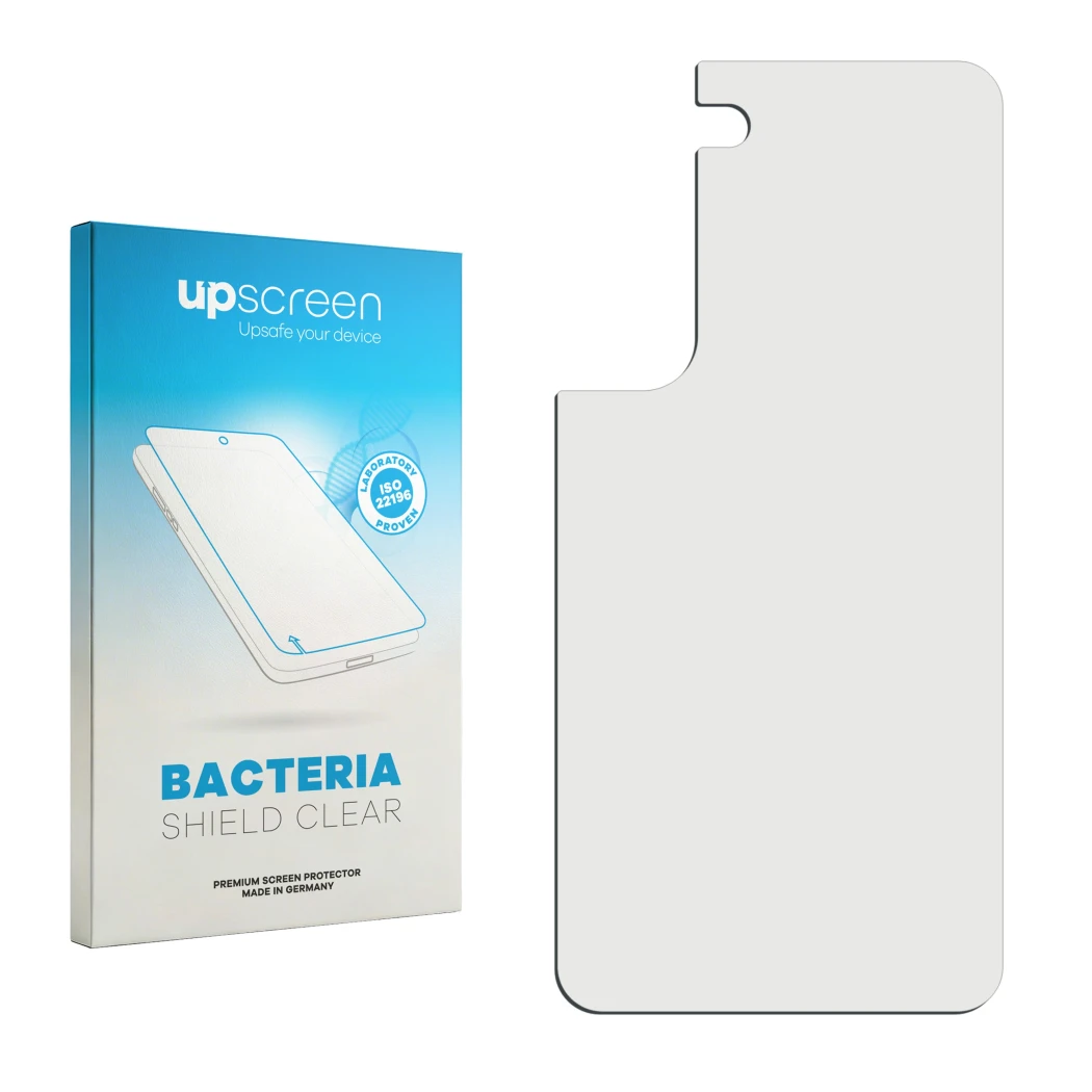 Face avant d’un emballage produit avec le logo de la marque upscreen. À côté se trouve la protection d’écran correspondante.