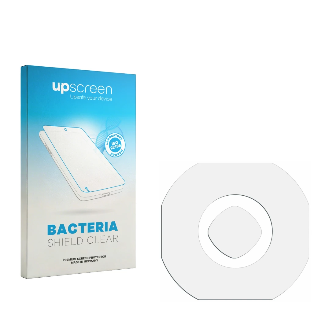 Face avant d’un emballage produit avec le logo de la marque upscreen. À côté se trouve la protection d’écran correspondante.