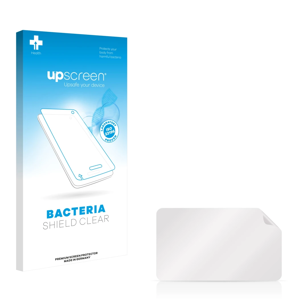 Face avant d’un emballage produit avec le logo de la marque upscreen. À côté se trouve la protection d’écran correspondante.