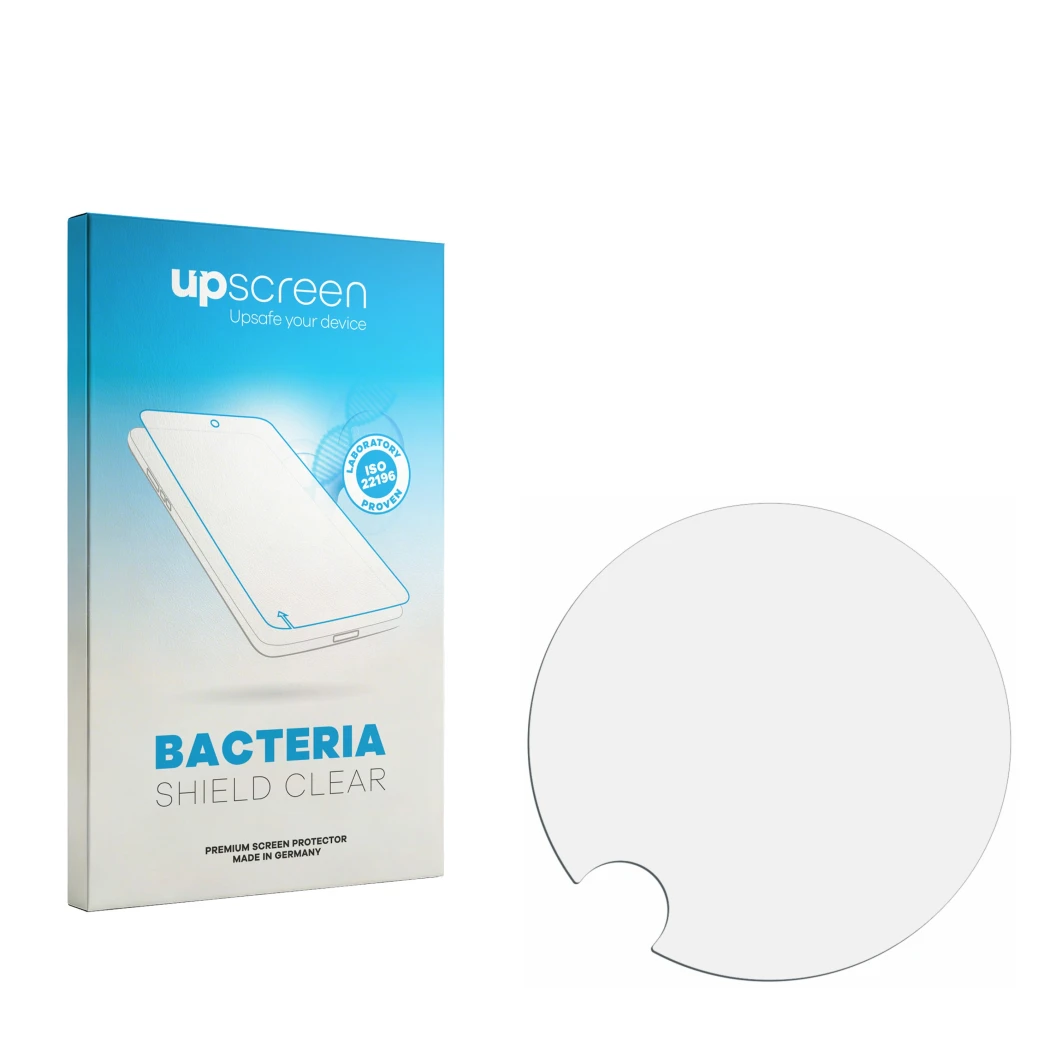 Face avant d’un emballage produit avec le logo de la marque upscreen. À côté se trouve la protection d’écran correspondante.