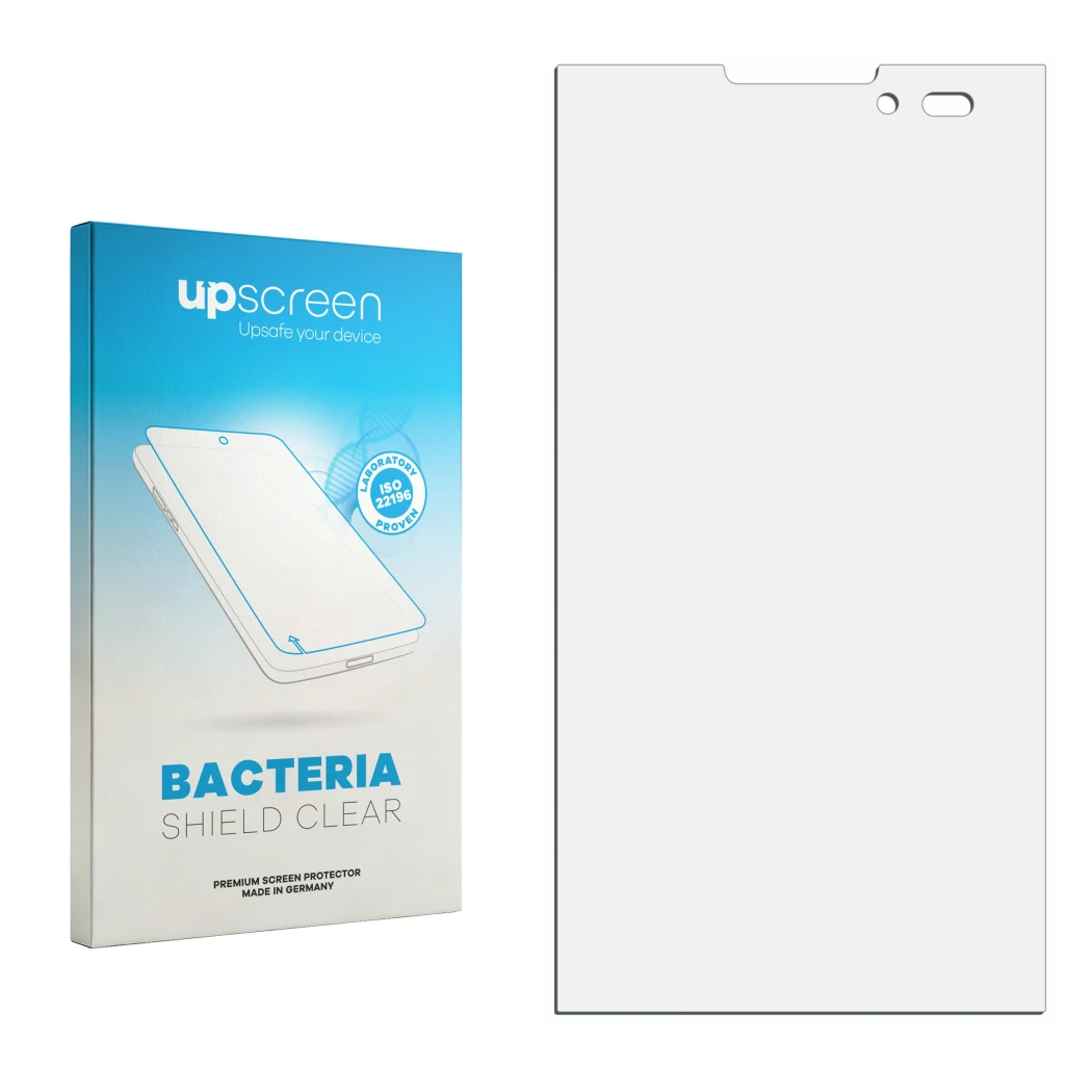Face avant d’un emballage produit avec le logo de la marque upscreen. À côté se trouve la protection d’écran correspondante.