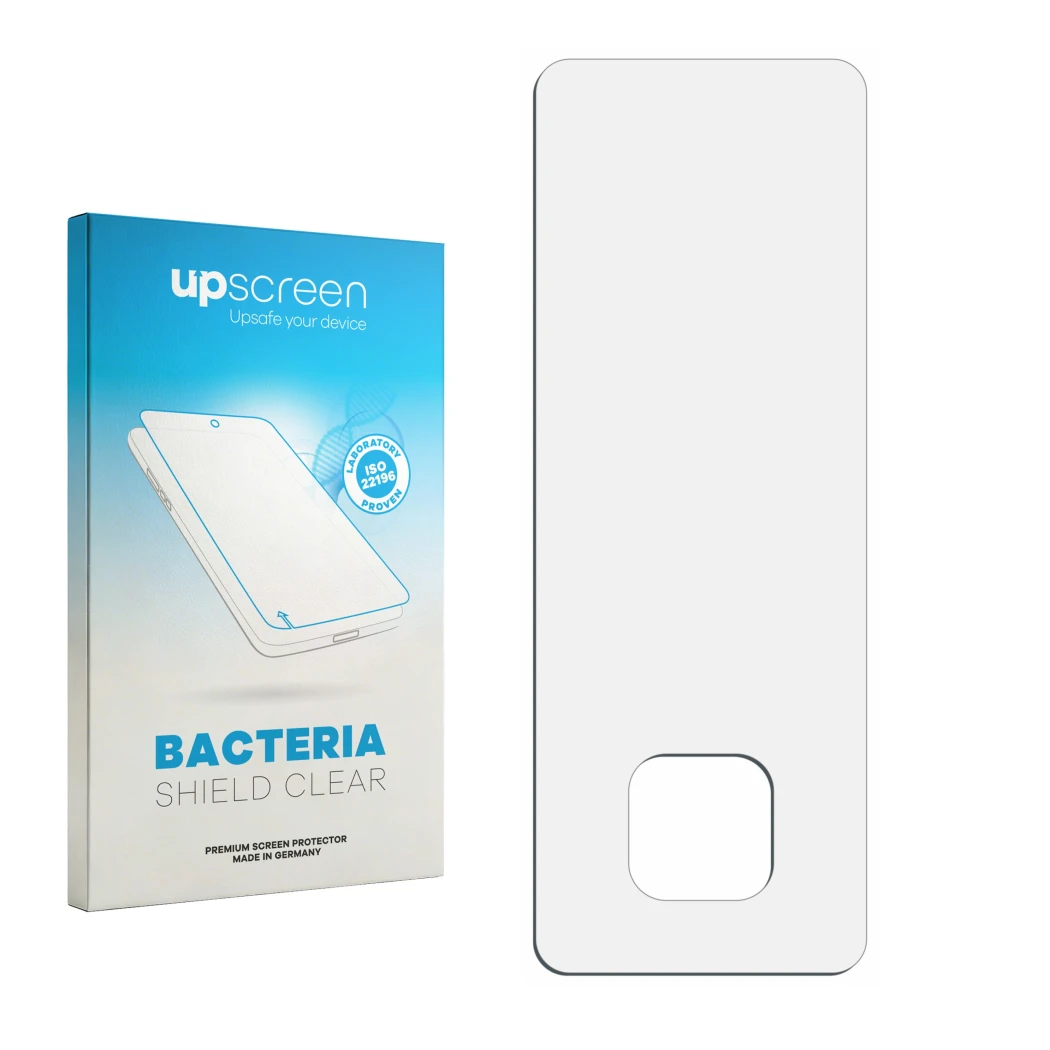 Face avant d’un emballage produit avec le logo de la marque upscreen. À côté se trouve la protection d’écran correspondante.