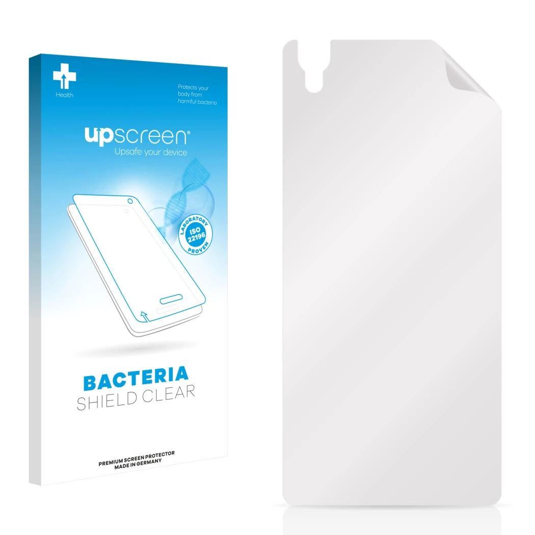 Face avant d’un emballage produit avec le logo de la marque upscreen. À côté se trouve la protection d’écran correspondante.