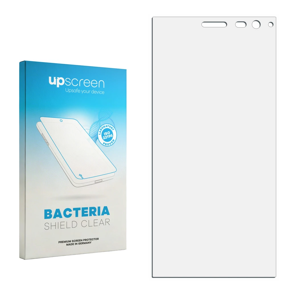 Face avant d’un emballage produit avec le logo de la marque upscreen. À côté se trouve la protection d’écran correspondante.