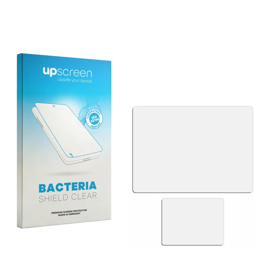Face avant d’un emballage produit avec le logo de la marque upscreen. À côté se trouve la protection d’écran correspondante.