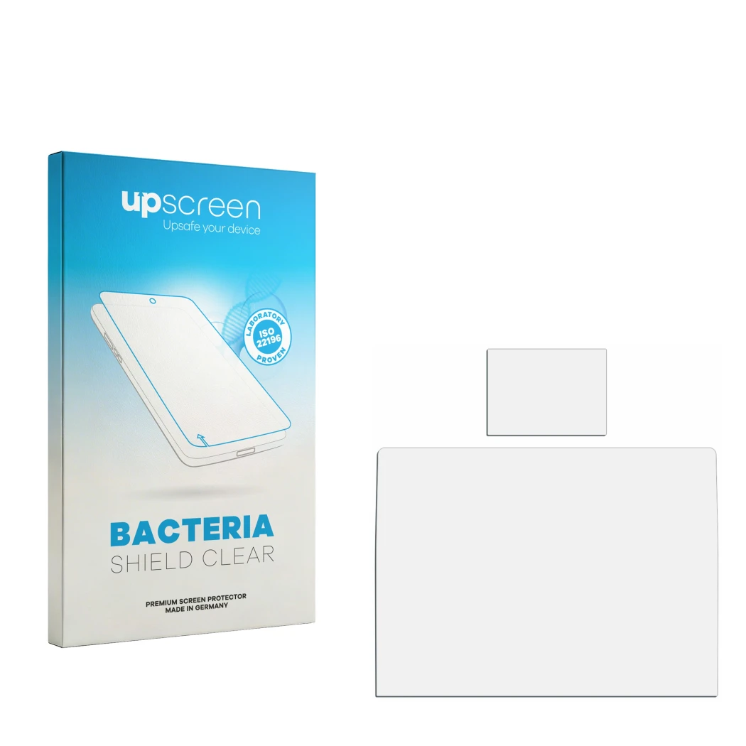 Face avant d’un emballage produit avec le logo de la marque upscreen. À côté se trouve la protection d’écran correspondante.