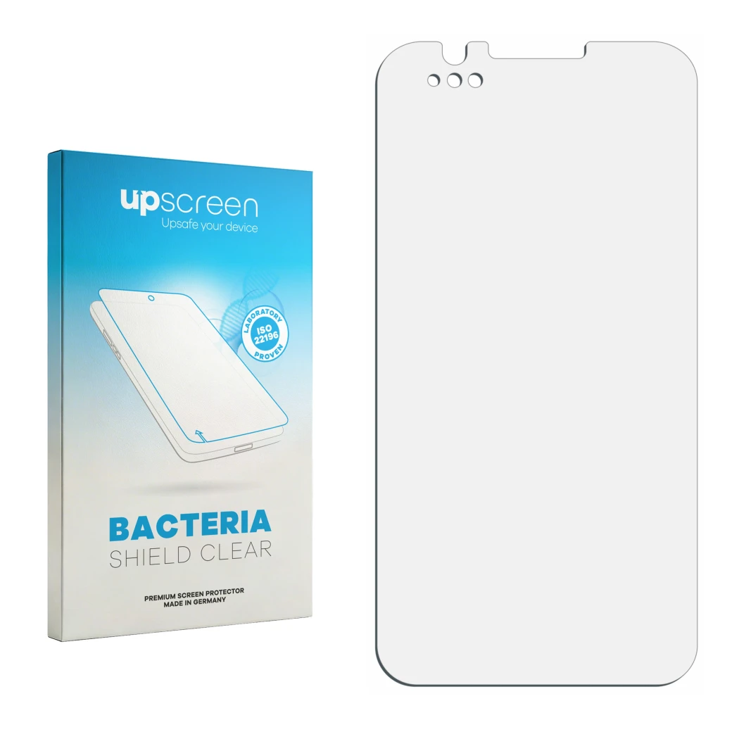 Face avant d’un emballage produit avec le logo de la marque upscreen. À côté se trouve la protection d’écran correspondante.