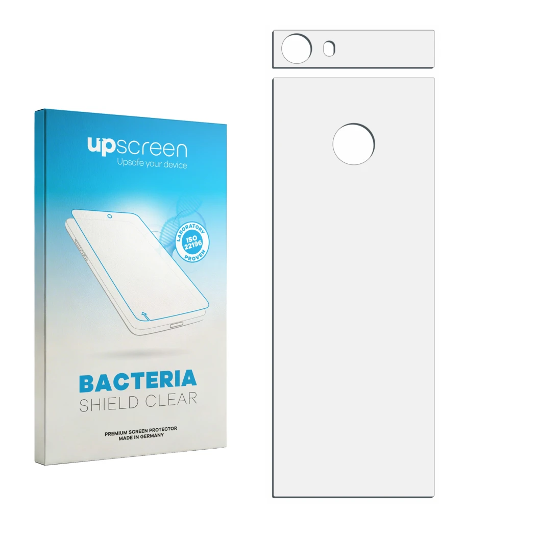 Face avant d’un emballage produit avec le logo de la marque upscreen. À côté se trouve la protection d’écran correspondante.