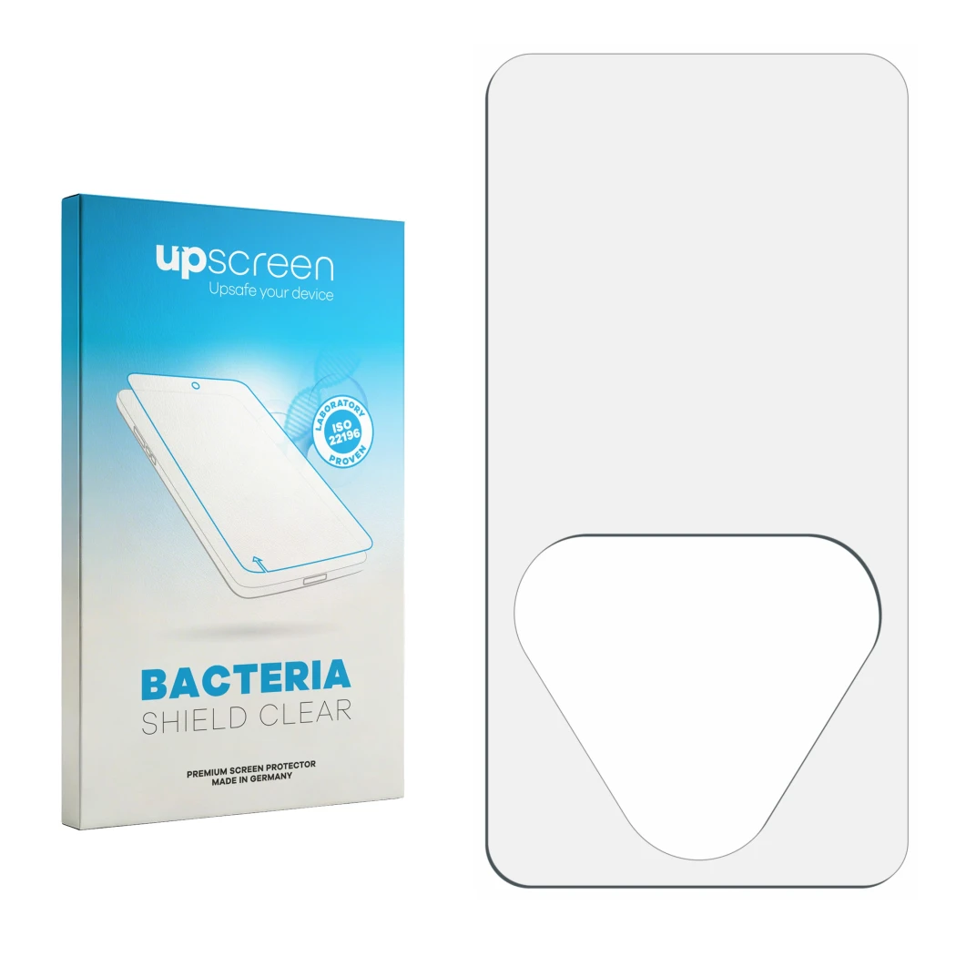 Face avant d’un emballage produit avec le logo de la marque upscreen. À côté se trouve la protection d’écran correspondante.