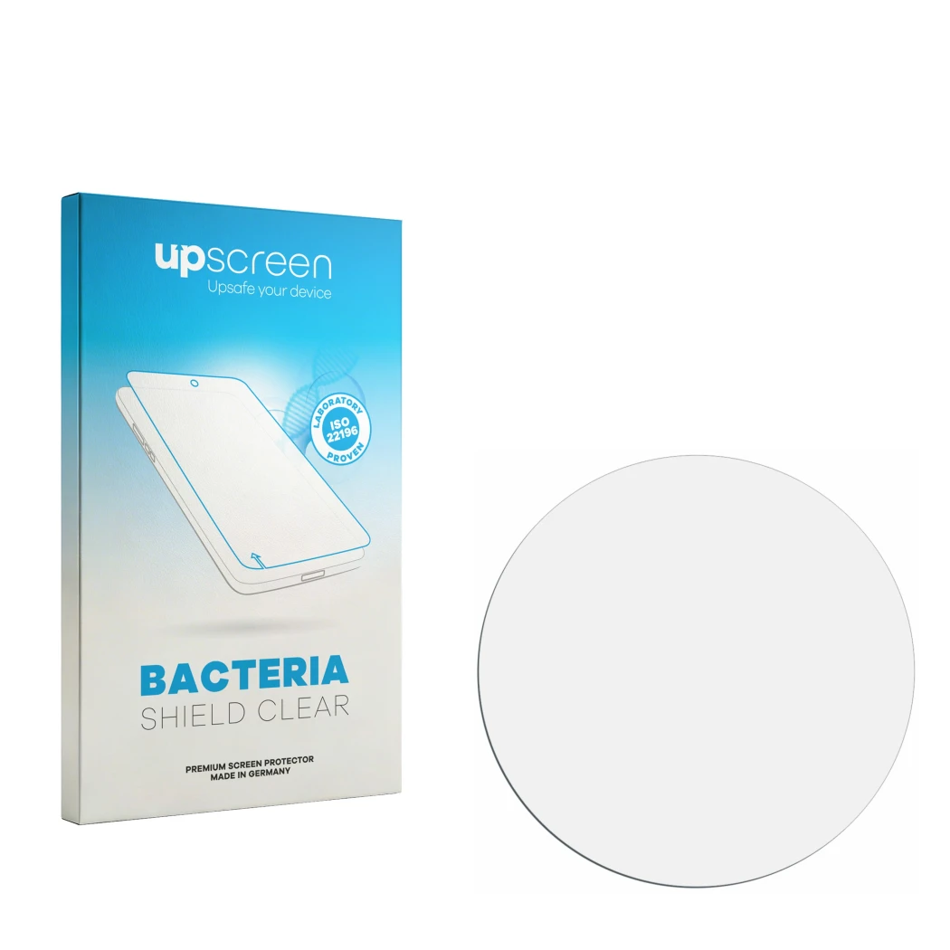 Face avant d’un emballage produit avec le logo de la marque upscreen. À côté se trouve la protection d’écran correspondante.