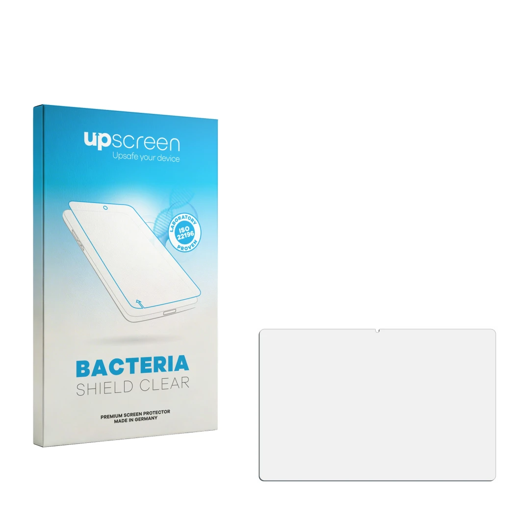 Face avant d’un emballage produit avec le logo de la marque upscreen. À côté se trouve la protection d’écran correspondante.
