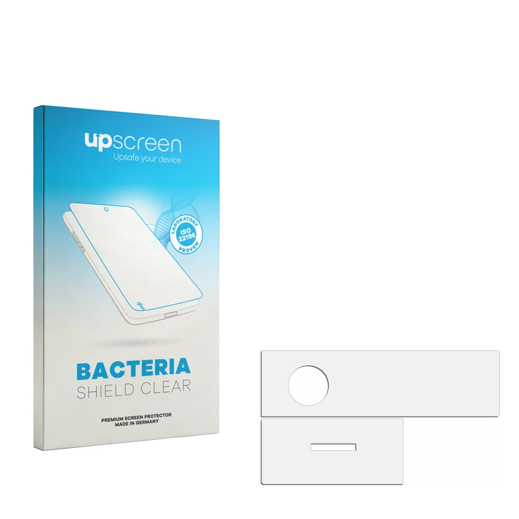 Face avant d’un emballage produit avec le logo de la marque upscreen. À côté se trouve la protection d’écran correspondante.