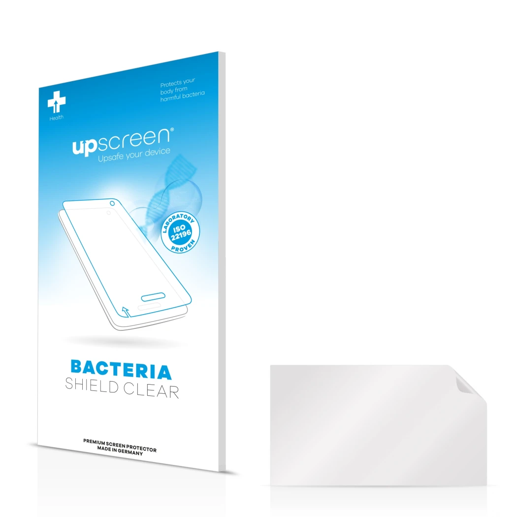 Face avant d’un emballage produit avec le logo de la marque upscreen. À côté se trouve la protection d’écran correspondante.