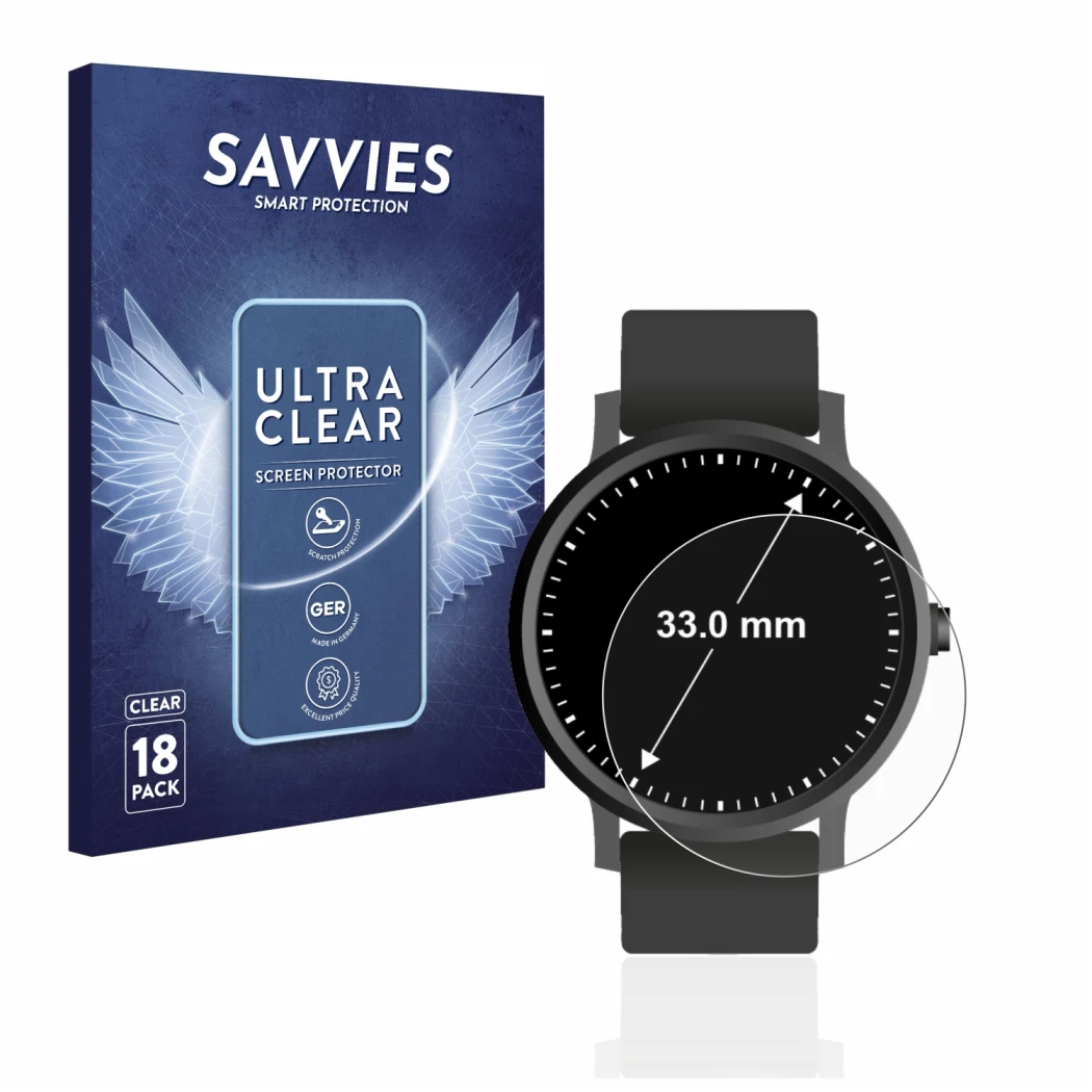 Face avant d’un emballage produit avec le logo de la marque Savvies. À côté, l’appareil Montres (Circulaire, ø: 33 mm) est rep