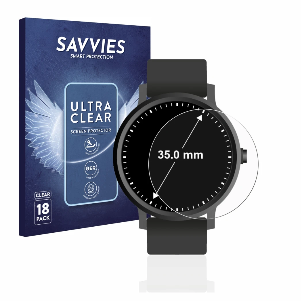 Face avant d’un emballage produit avec le logo de la marque Savvies. À côté, l’appareil Montres (Circulaire, ø: 35 mm) est rep