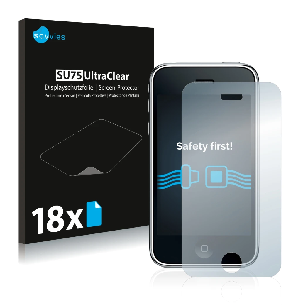 Face avant d’un emballage produit avec le logo de la marque Savvies. À côté, l’appareil Apple iPhone 3GS est représenté avec l