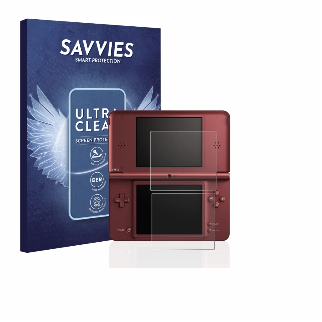 Face avant d’un emballage produit avec le logo de la marque Savvies. À côté, l’appareil Nintendo DSi XL est représenté avec la