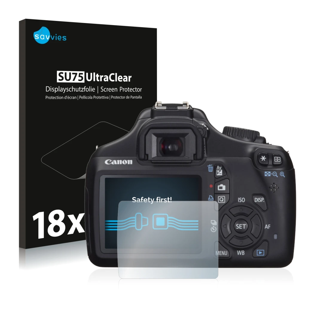 Face avant d’un emballage produit avec le logo de la marque Savvies. À côté, l’appareil Canon EOS 1100D est représenté avec la