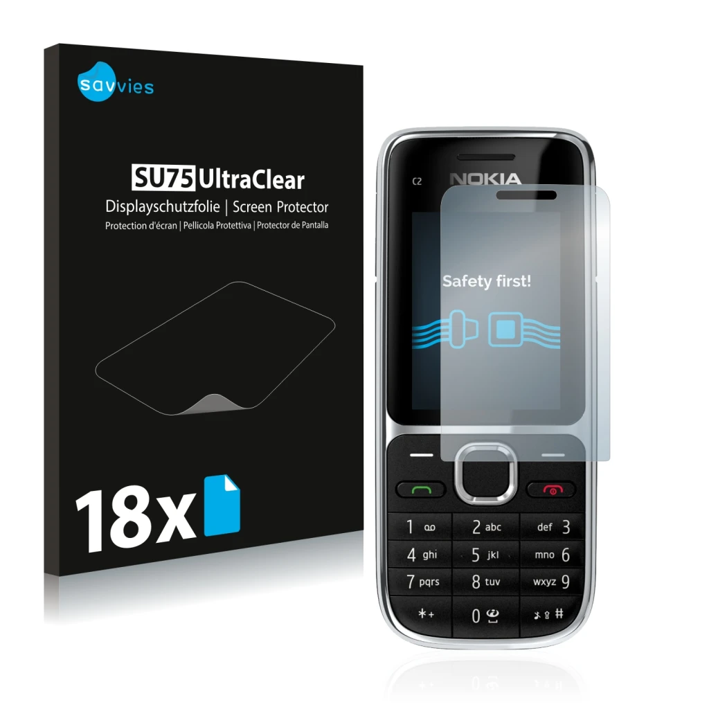 Face avant d’un emballage produit avec le logo de la marque Savvies. À côté, l’appareil Nokia C2-01 est représenté avec la pro