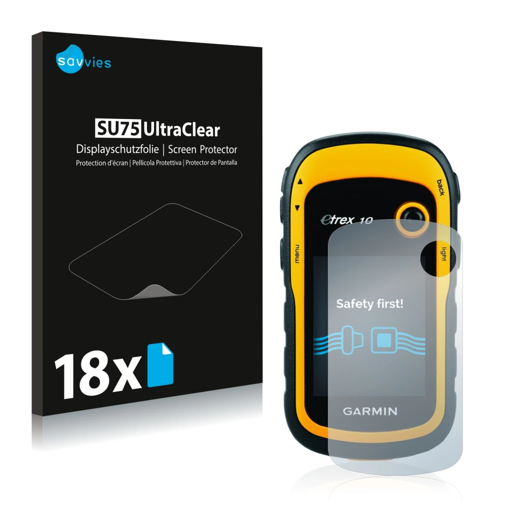 Face avant d’un emballage produit avec le logo de la marque Savvies. À côté, l’appareil Garmin eTrex 10 est représenté avec la