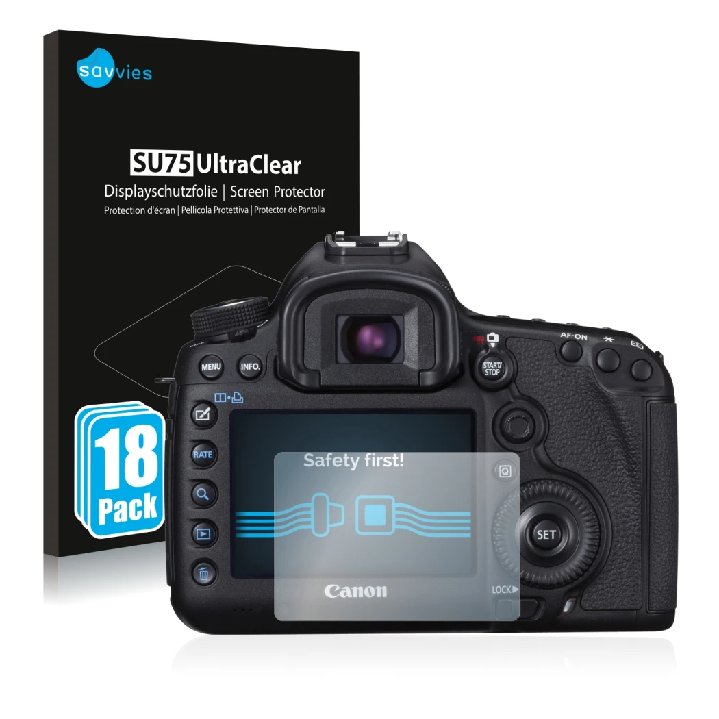 Face avant d’un emballage produit avec le logo de la marque Savvies. À côté, l’appareil Canon EOS 5D Mark III est représenté a