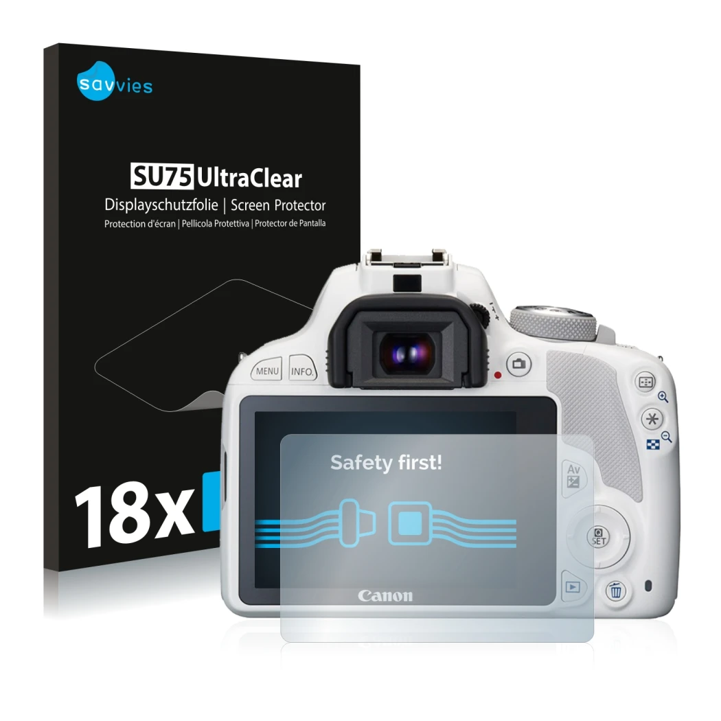 Face avant d’un emballage produit avec le logo de la marque Savvies. À côté, l’appareil Canon EOS 100D est représenté avec la 