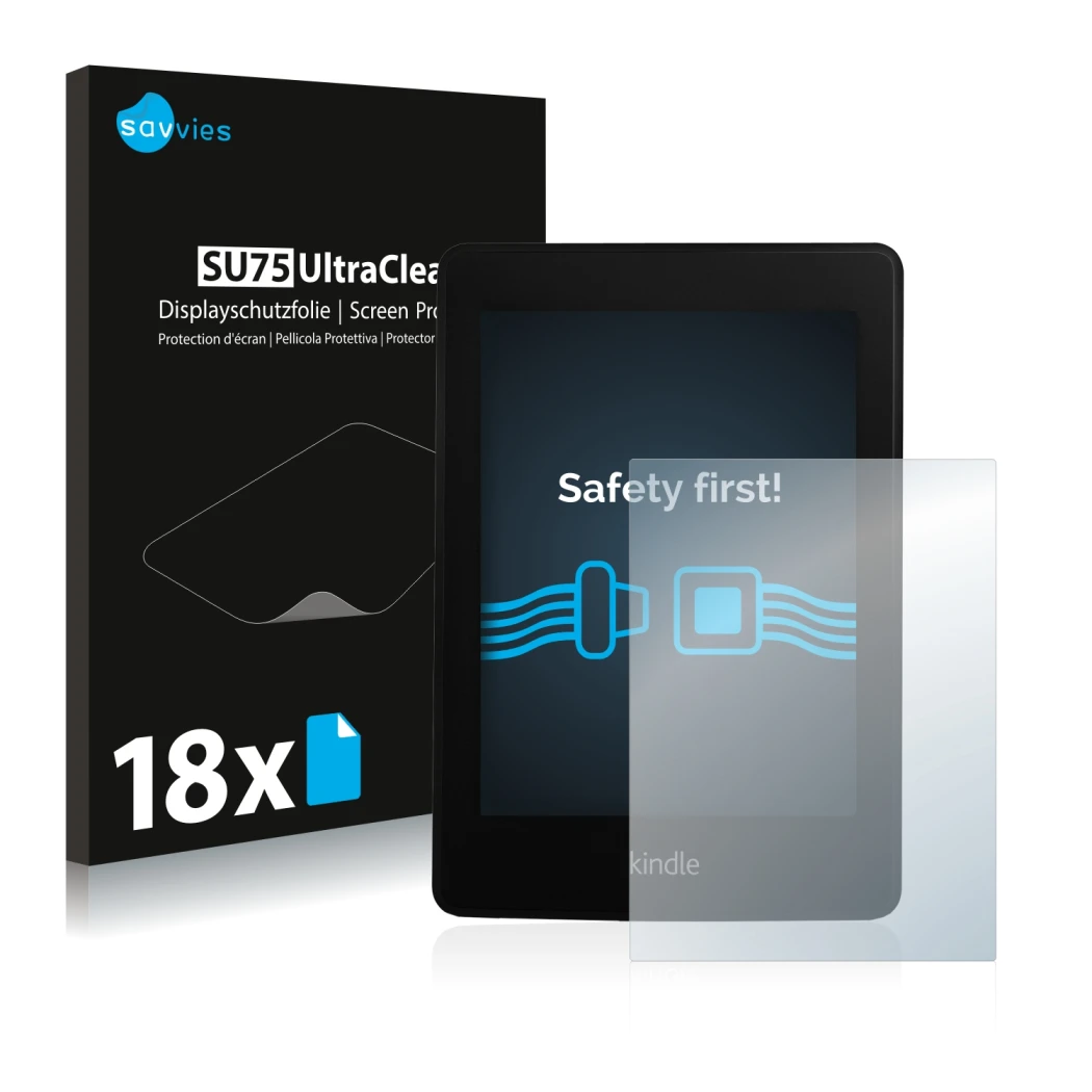 Face avant d’un emballage produit avec le logo de la marque Savvies. À côté, l’appareil Amazon Kindle Paperwhite 2013 est repr