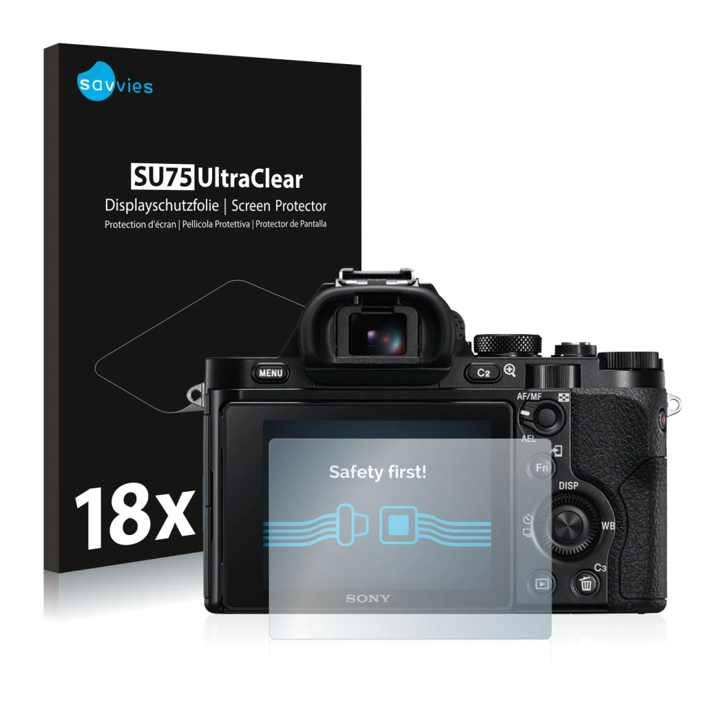 Face avant d’un emballage produit avec le logo de la marque Savvies. À côté, l’appareil Sony Alpha 7 (ILCE-7) est représenté a