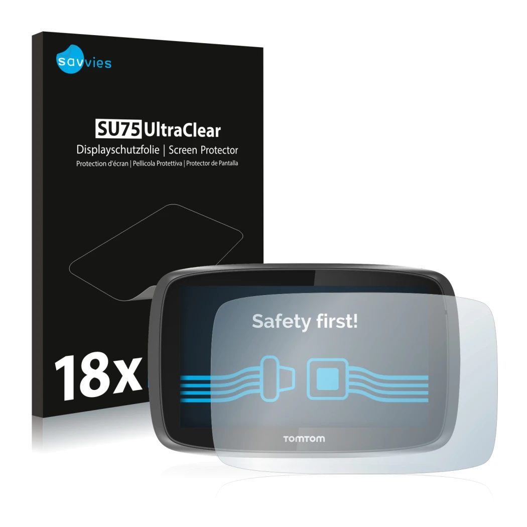 Face avant d’un emballage produit avec le logo de la marque Savvies. À côté, l’appareil TomTom GO 5000 est représenté avec la 