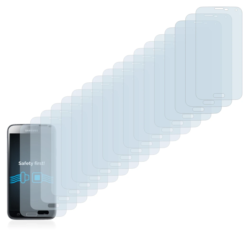 Image de l'appareil Samsung Galaxy S5 avec une grande variété de protections d'écran.