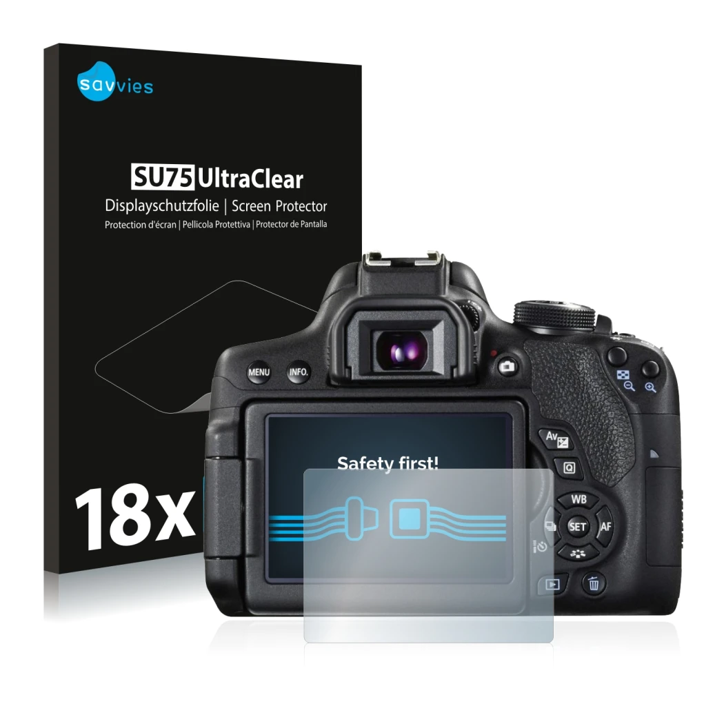 Face avant d’un emballage produit avec le logo de la marque Savvies. À côté, l’appareil Canon EOS 750D est représenté avec la 