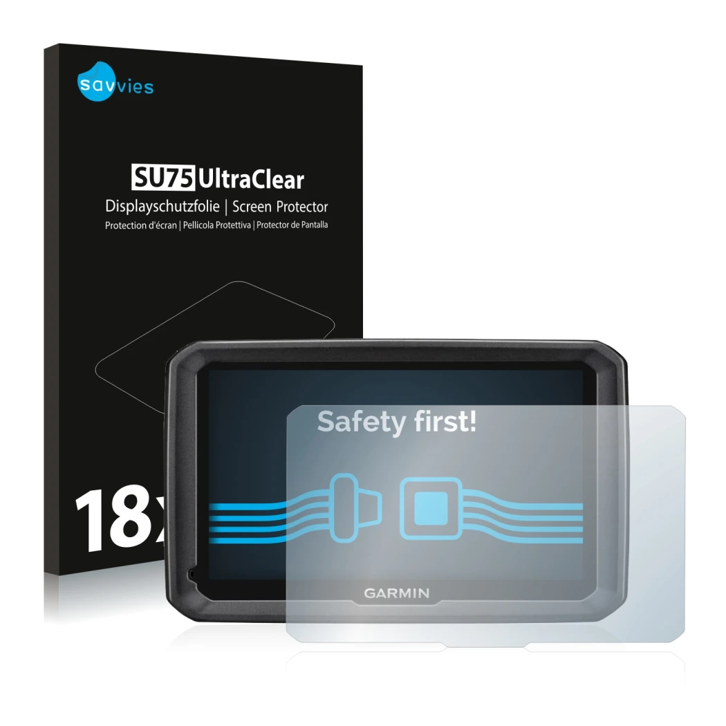 Face avant d’un emballage produit avec le logo de la marque Savvies. À côté, l’appareil Garmin dezl 770 LMT-D est représenté a