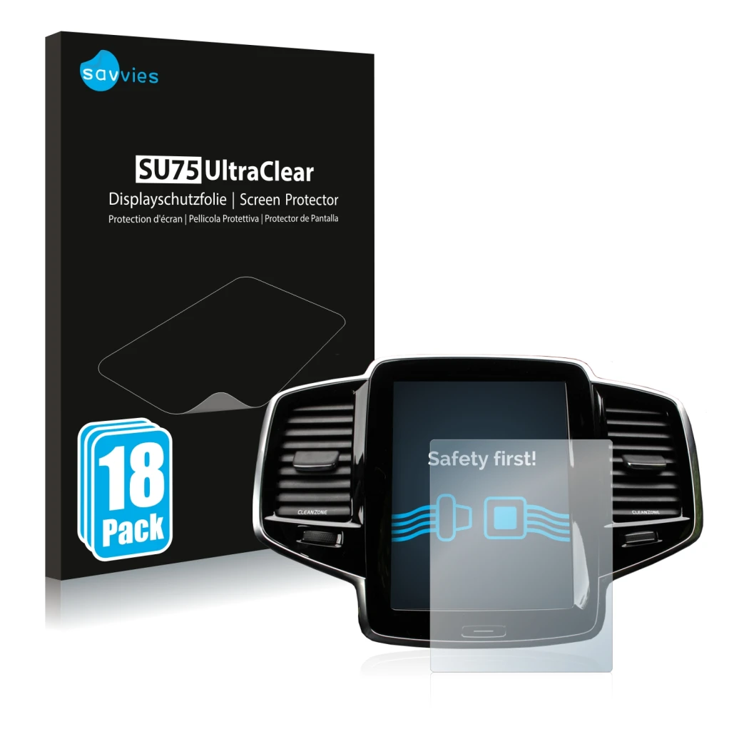 Face avant d’un emballage produit avec le logo de la marque Savvies. À côté, l’appareil Volvo XC90 Senus 2015-2017 est représe