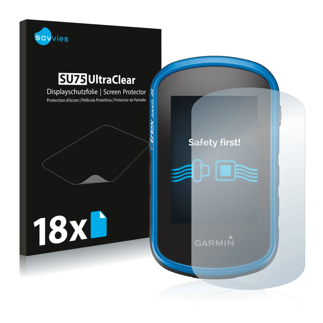 Face avant d’un emballage produit avec le logo de la marque Savvies. À côté, l’appareil Garmin eTrex Touch 25 est représenté a