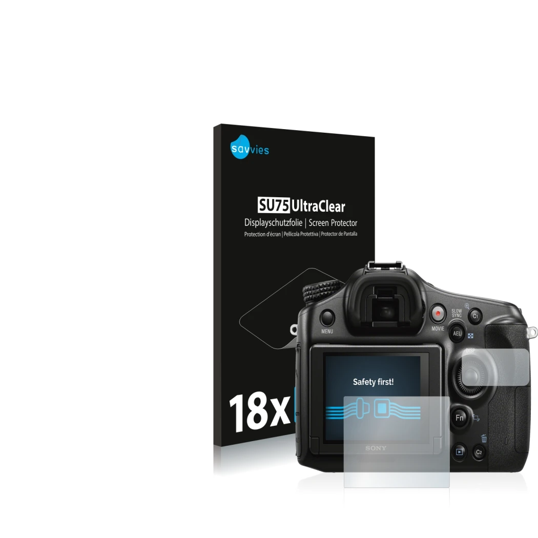 Face avant d’un emballage produit avec le logo de la marque Savvies. À côté, l’appareil Sony Alpha 68 est représenté avec la p