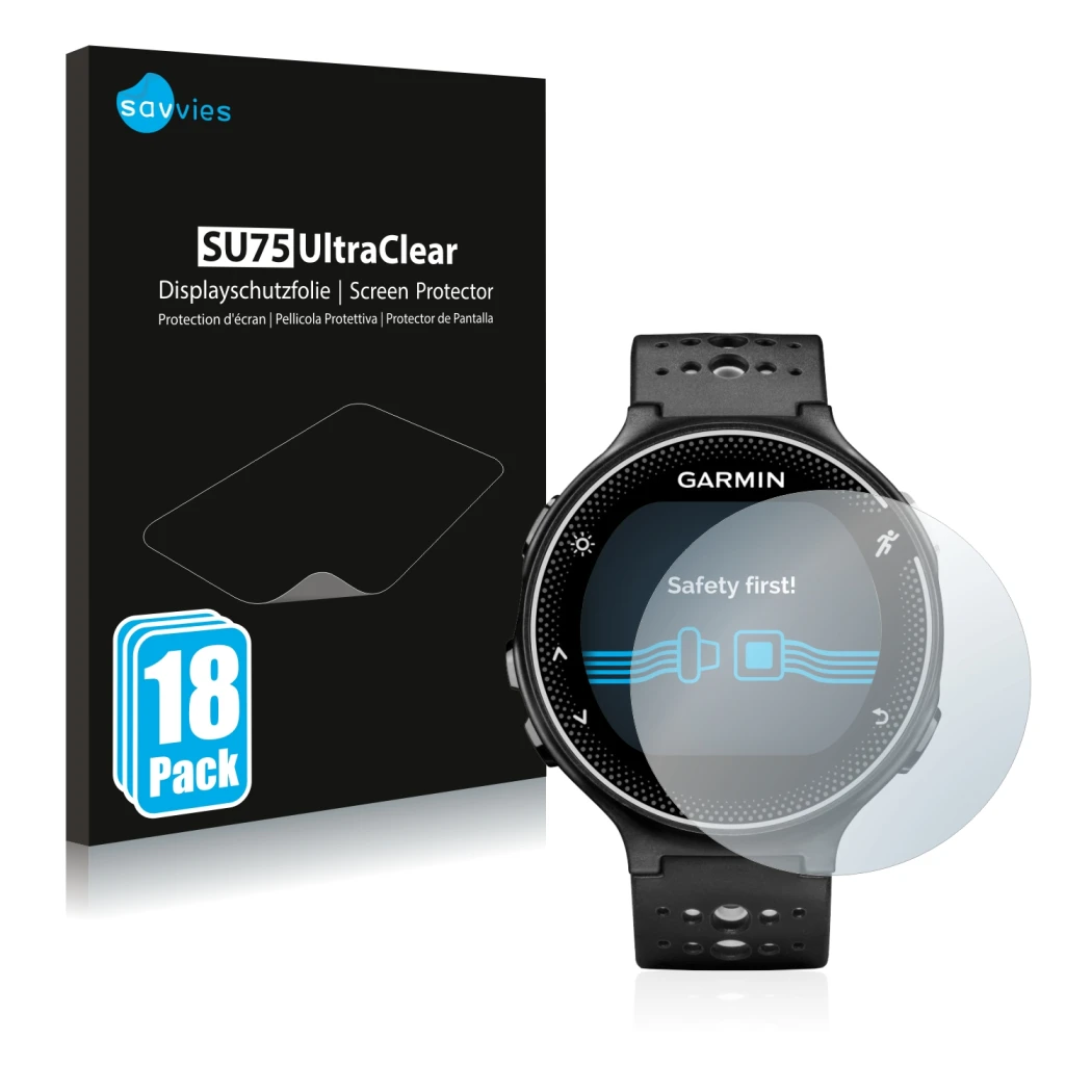 Face avant d’un emballage produit avec le logo de la marque Savvies. À côté, l’appareil Garmin Forerunner 230 est représenté a