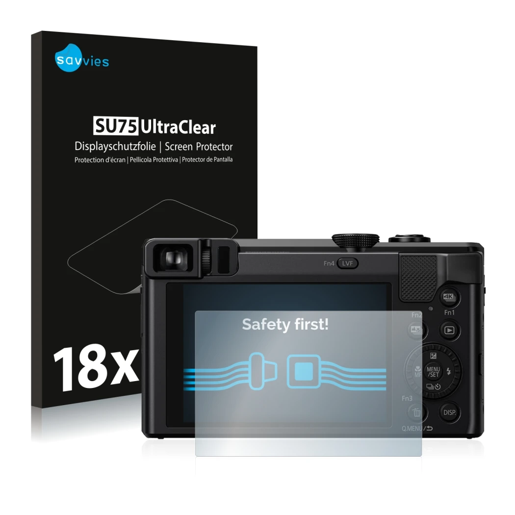 Face avant d’un emballage produit avec le logo de la marque Savvies. À côté, l’appareil Panasonic Lumix DMC-TZ81 est représent